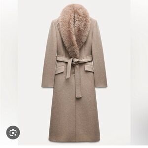Zara Long Wool Belted Coat with Plush Faux Fur Collar - Taupe